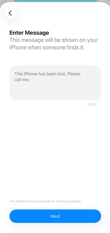iPhone Lost Mode settings showing a message field and a blue Next button.