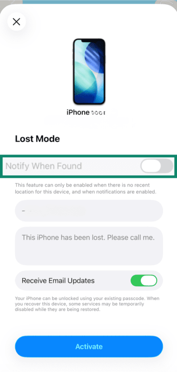 iPhone Lost Mode activation settings with Notify When Found toggle option highlighted.
