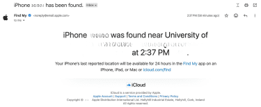 Email notification from Apple informing that a device was found in Lost Mode.