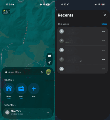 Apple Maps Recents list