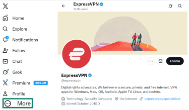 The X.com homepage, with More highlighted on the menu bar.