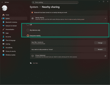 The Everyone nearby option selected for Nearby sharing in Windows 11 system settings.