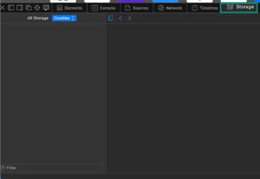 Safari Developer Tools interface with the Storage tab open.