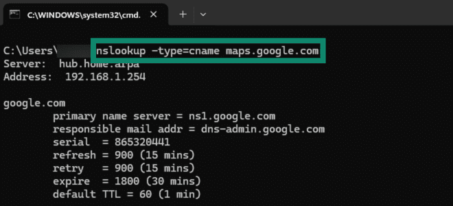 Looking up Canonical NAME record using nslookup.