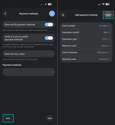 How to add a payment method on Chrome iOS app.
