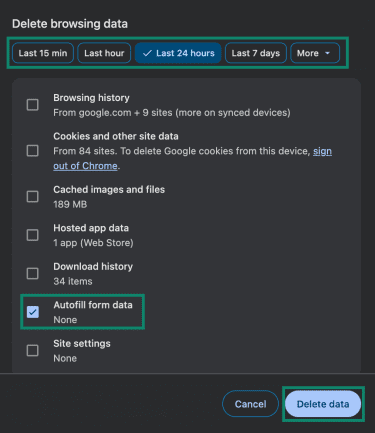 Selecting data types and time range when deleting browsing data in Chrome.