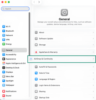 macOS settings pane with AirDrop & Continuity highlighted.
