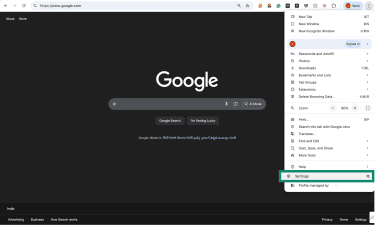 Chrome menu opened with Settings highlighted.
