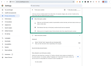 Chrome Third-party cookies settings with Allow third-party cookies enabled.
