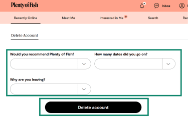 Completing the exit survey and final "Delete account" confirmation on the Plenty of Fish desktop site.