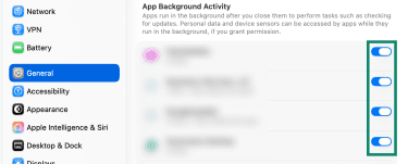 A list of apps with allowed background activity in macOS' Settings app.