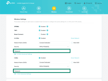 TP-Link router wireless settings page showing password fields for 2.4 GHz and 5 GHz networks.