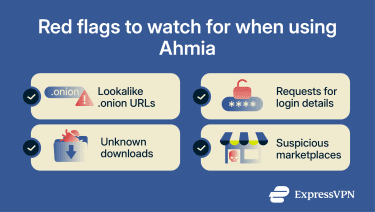 Infographic showing red flags to watch for when using Ahmia.