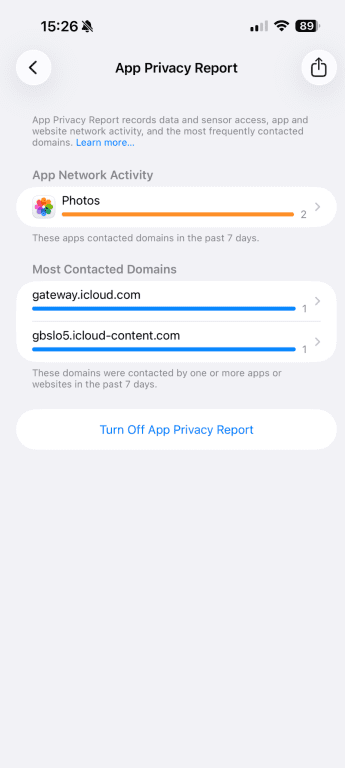 App Privacy Report settings on iPhone.