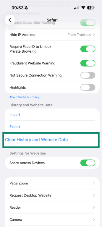 Clear History and Website Data in Safari on iPhone.