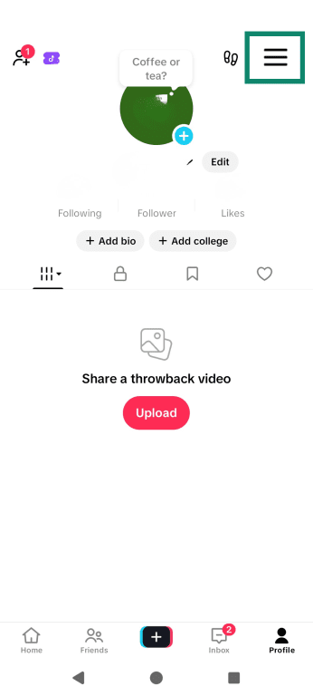 The TikTok account page, highlighting the menu button in the top right.