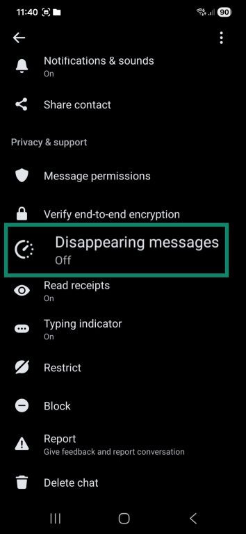 Messenger chat settings with the Disappearing messages option on the Android mobile app.