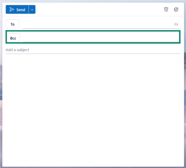 A new message window in Outlook, showing the Bcc recipient box.