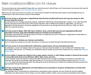 A page with a series of checkboxes, showing the services a user will lose access to if they delete their Microsoft Account.