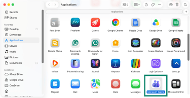 MacOS' Applications folder with the Microsoft Teams icon highlighted.