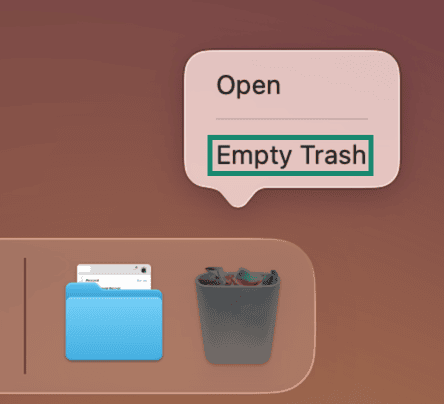 The Trash-related menu on macOS with the Empty Trash option highlighted.