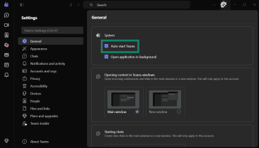 Microsoft Teams' Settings view with a highlight over the Auto-start Teams option.