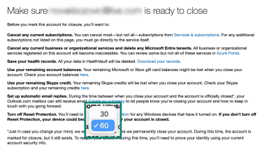 Microsoft's notification regarding deleting an account, showing the list of services a user will lose, with an option to pick between 30 or 60-day grace period.