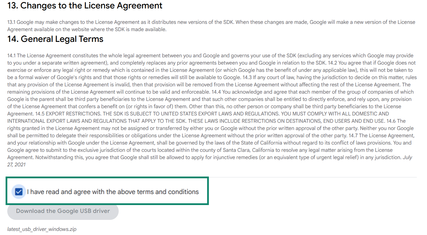 Google USB driver license agreement acceptance and download button.