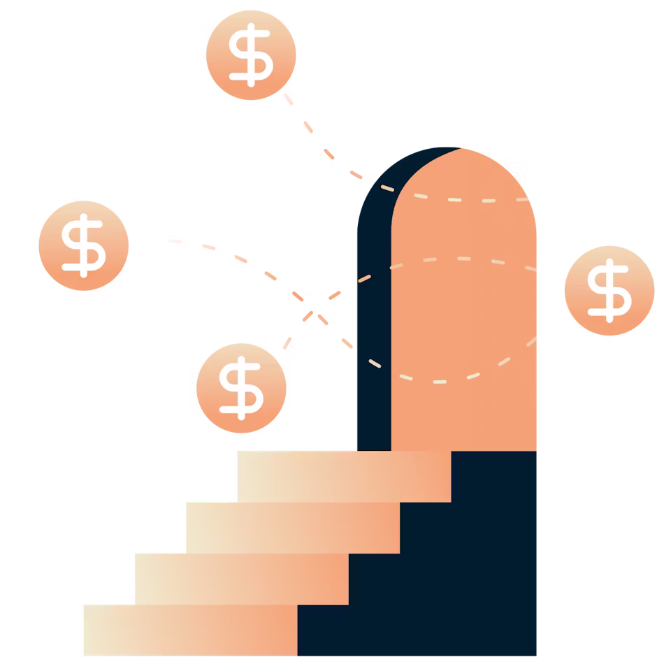 Des escaliers menant à une porte d'où sortent des signes de dollars.