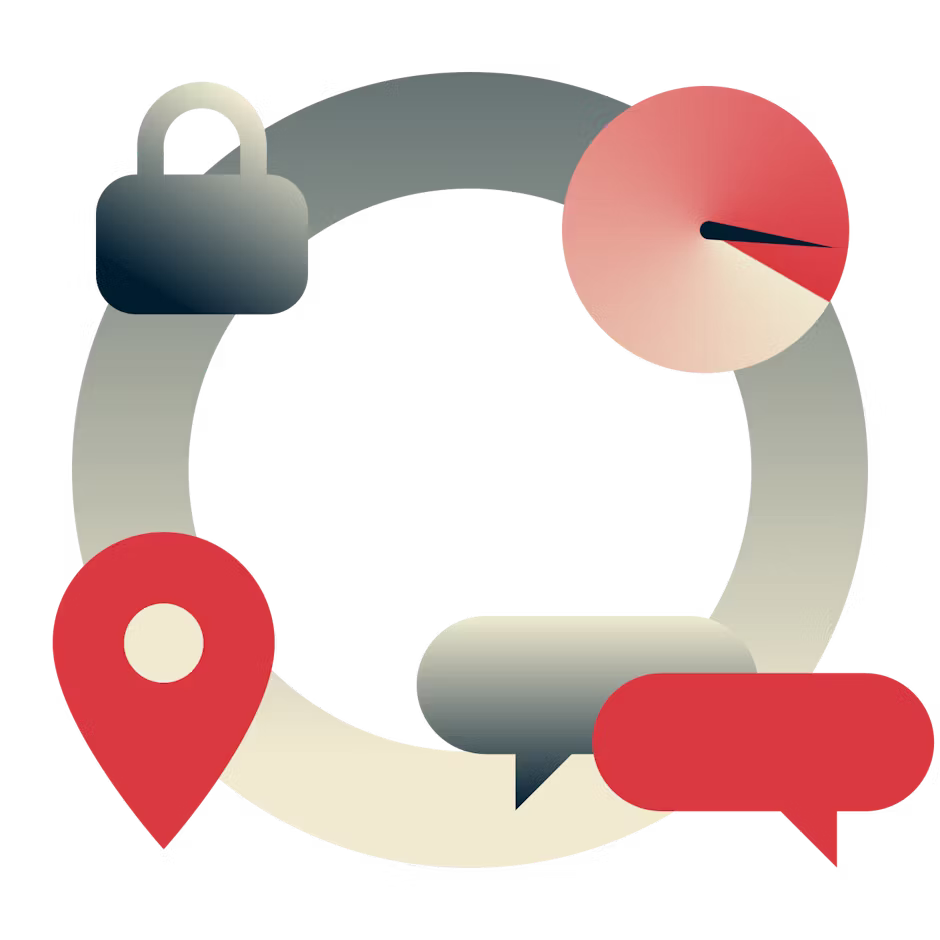 Image circulaire avec un cadenas, un indicateur de vitesse, des bulles de discussion et une épingle de localisation.